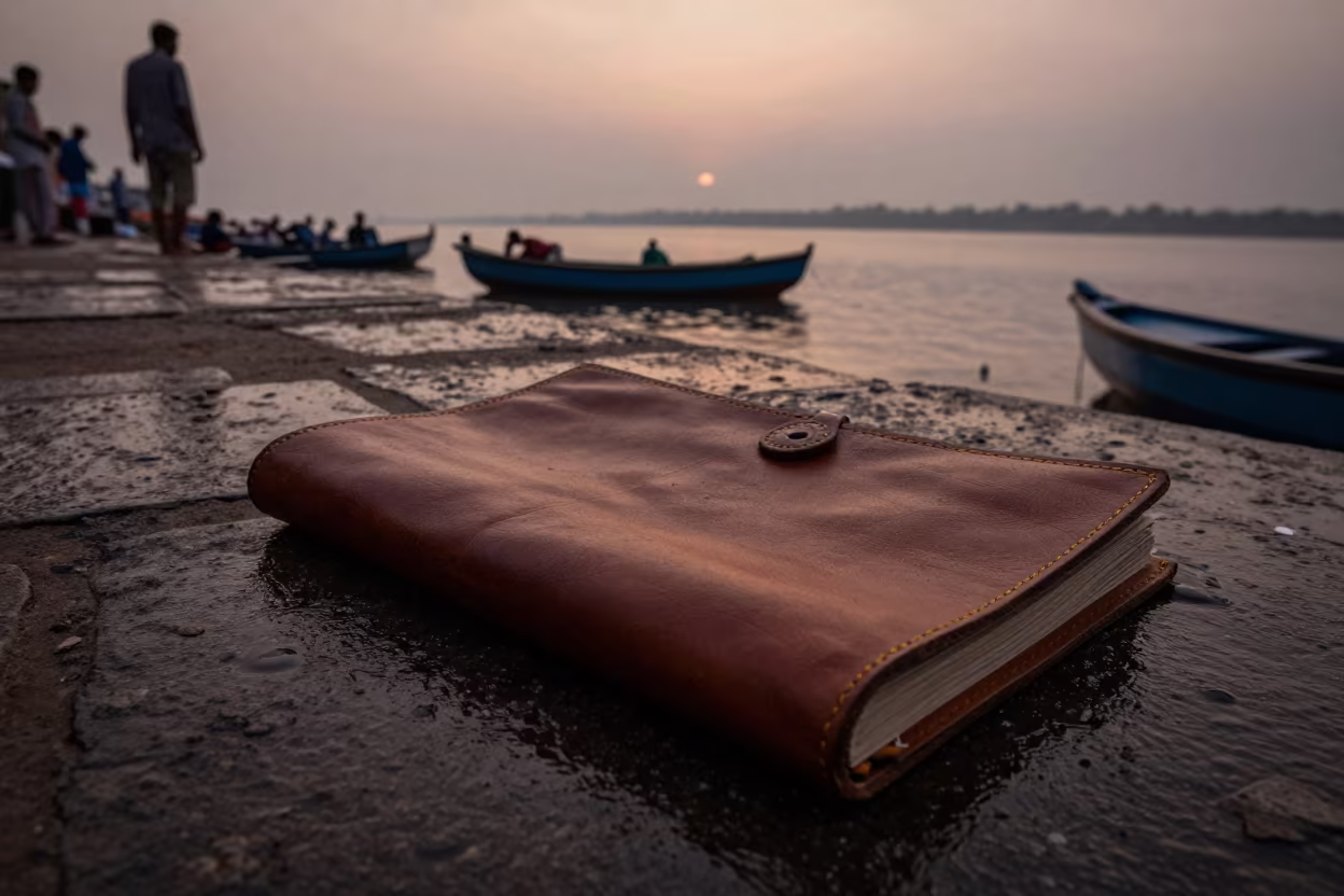 Bookmaker Gilding Leather at Ujjain Harbor Dawn in at a harbor edge in Ujjain