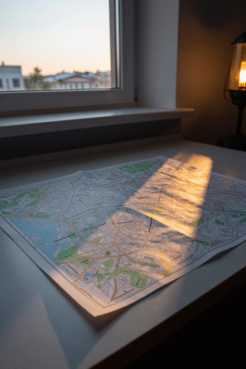 Bookmark on Drafting Table Map Kharkiv in on a painted display ledge near Kharkiv