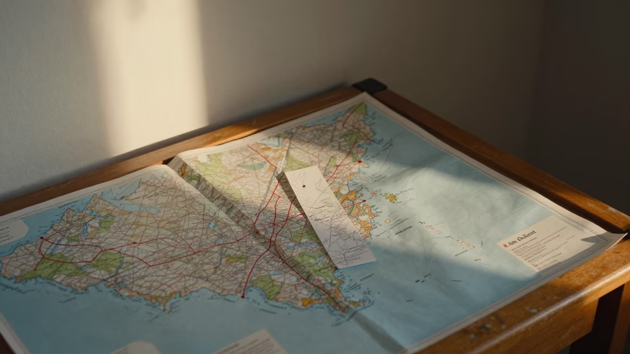 Bookmark Resting on Map Map Drafting Table in on a bedside table in Al Ain
