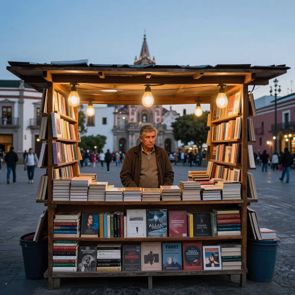 Bookseller Under Amber Lamps in Mexico City Square in at a public square in Mexico City