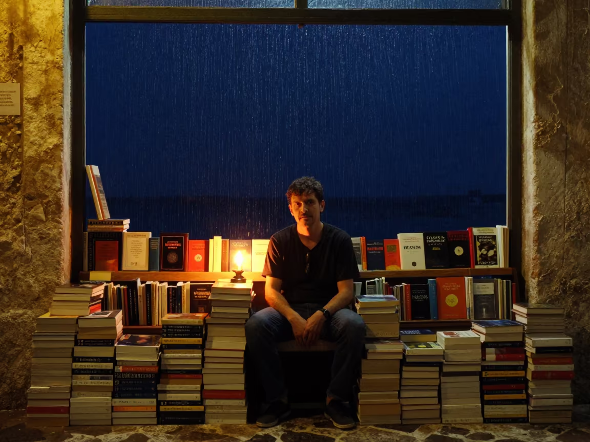 Bookseller Under Amber Light in Bari Rain in in Bari