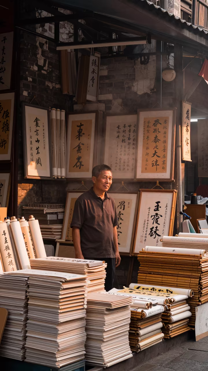Bookseller Amidst Calligraphy Scrolls in Chongqing Bazaar in in Chongqing