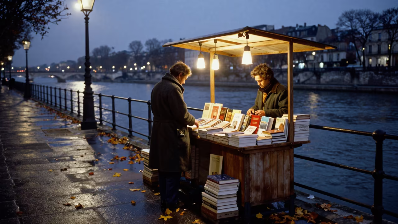 Bookseller at Bastille Stall Before Dawn in near Bastille, Paris