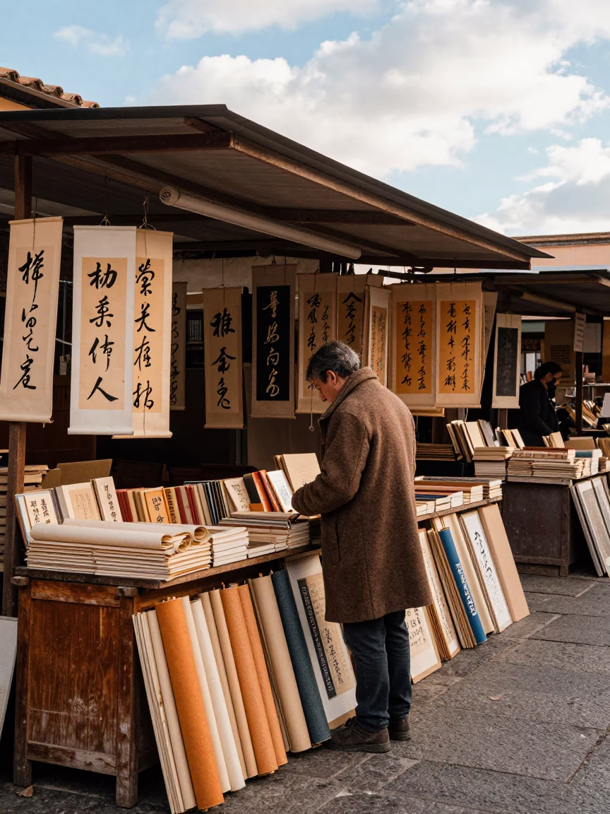 Bookseller Under Calligraphy Scrolls in Messina Market in along a market lane in Messina