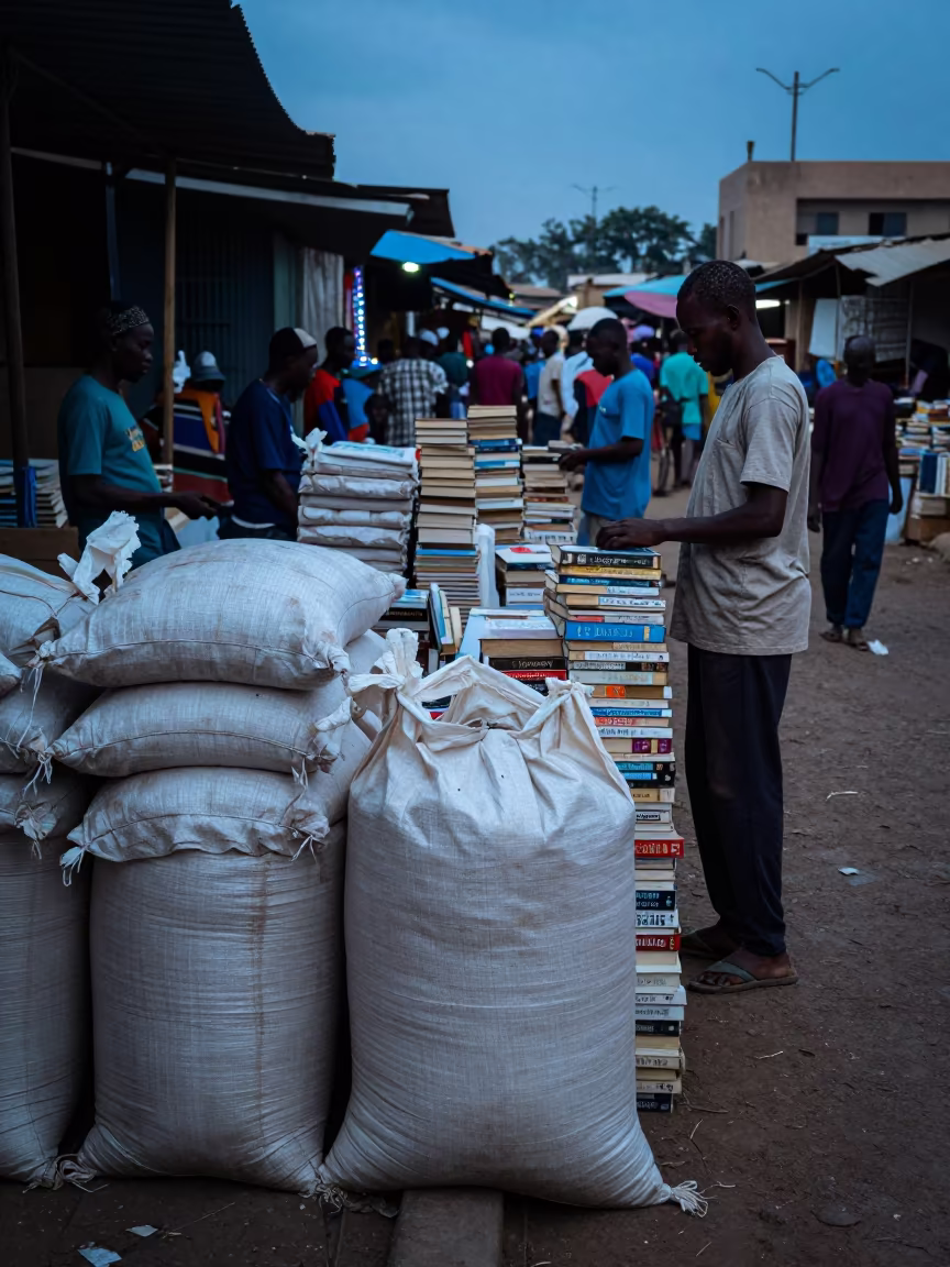 Bookseller with Canvas Sacks at Maiduguri Twilight in in a flea market lane in Maiduguri