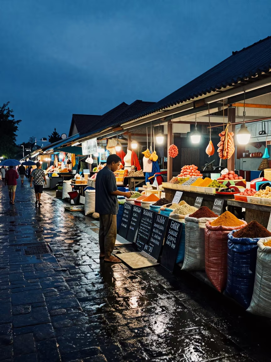 Bookseller and Chalk Prices at Twilight in at a spice vendor's table in Lombok