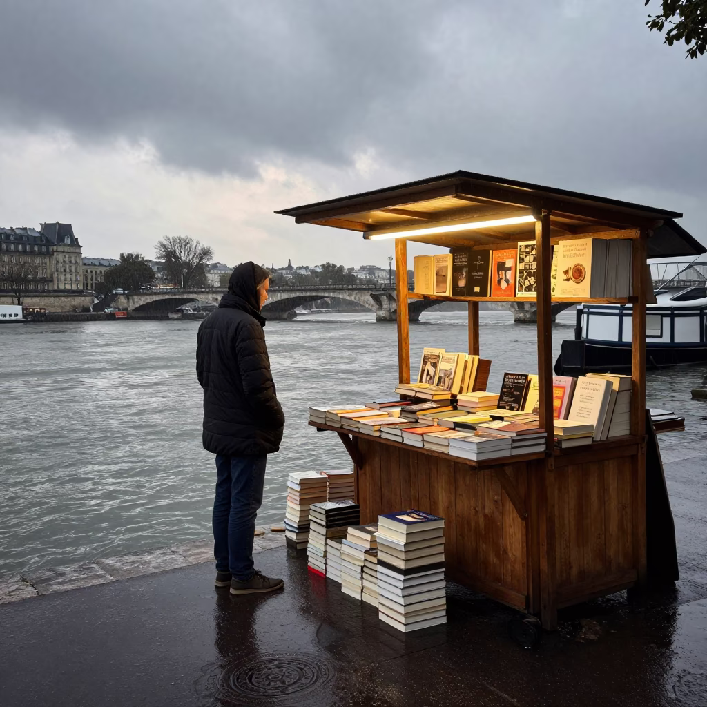 Bookseller at Dawn by Paris River in at a harbor edge in Belleville, Paris