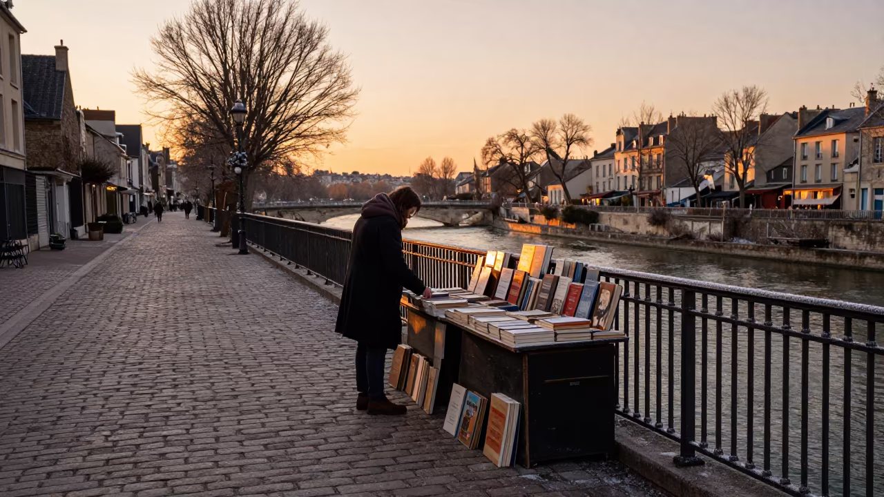 Bookseller at Golden Hour in Paris in in the old quarter in Butte-aux-Cailles, Paris