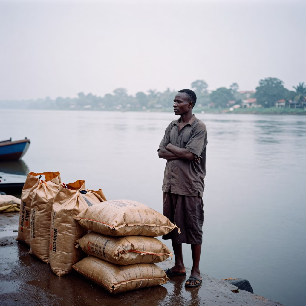 Bookseller At Mwanza Riverside Dawn in near a riverside landing in Mwanza
