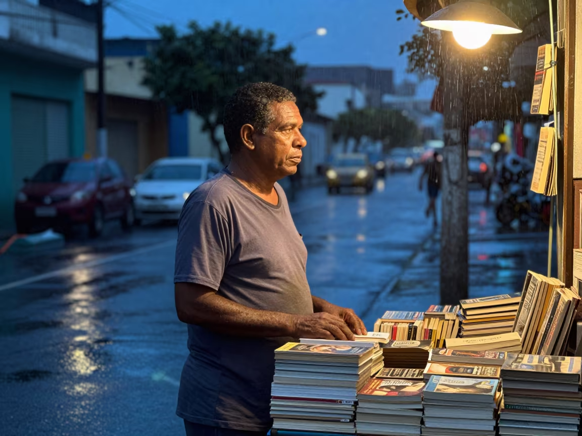 Bookseller Portrait Under Indigo Street Lights in Natal in in Natal