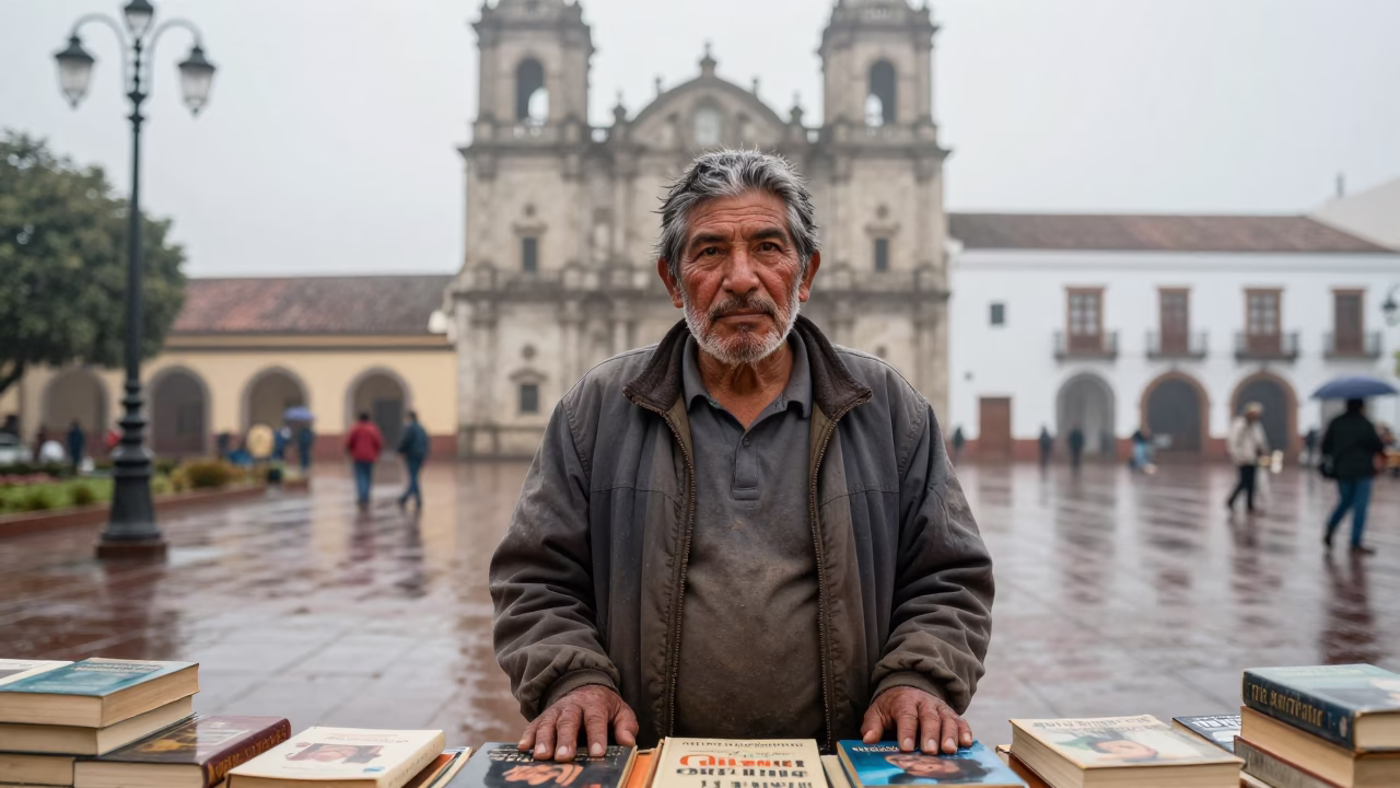 Bookseller Portrait in Pisco Rainy Morning Fog in at a public square in Pisco