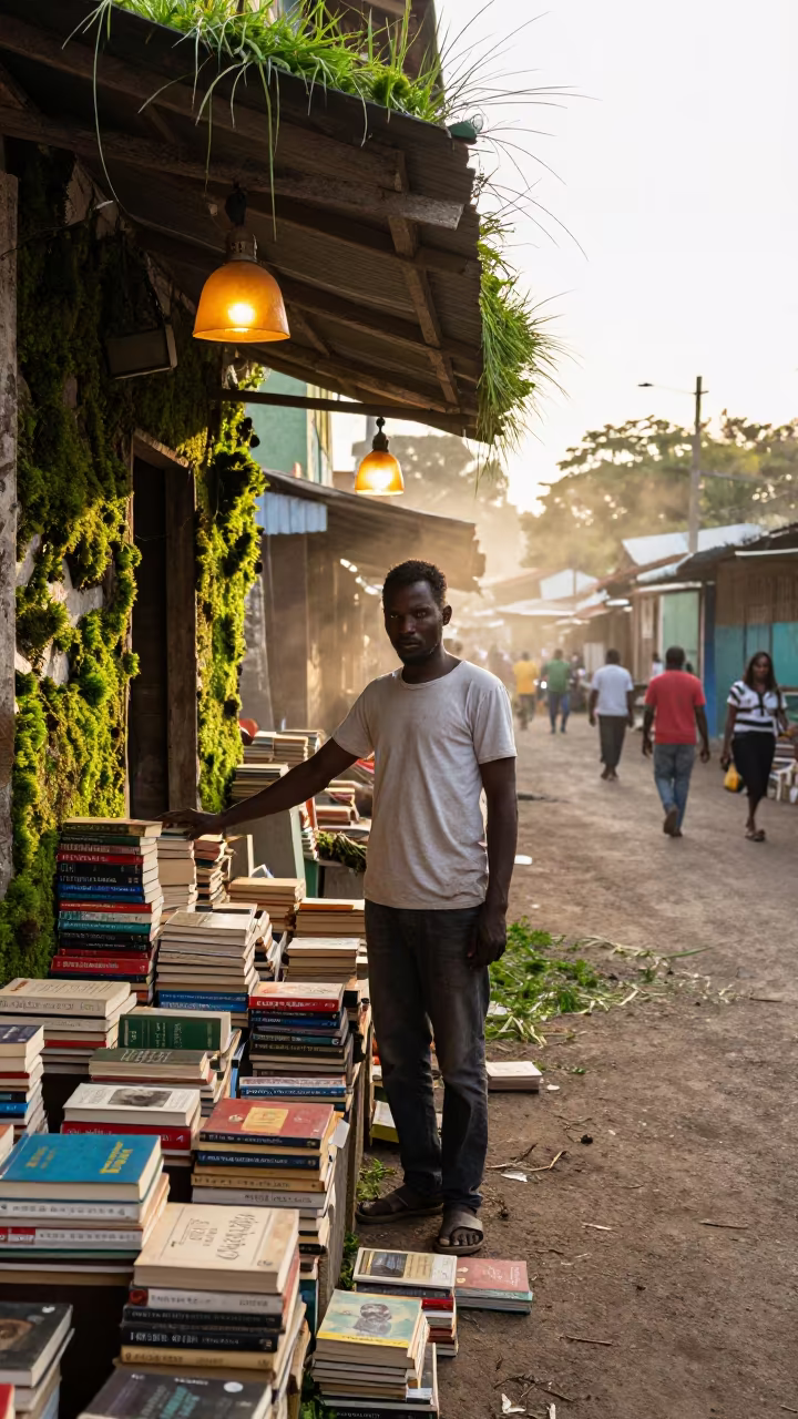 Bookseller Amidst Sideways Moss in Les Cayes Market Lane in along a market lane in Les Cayes