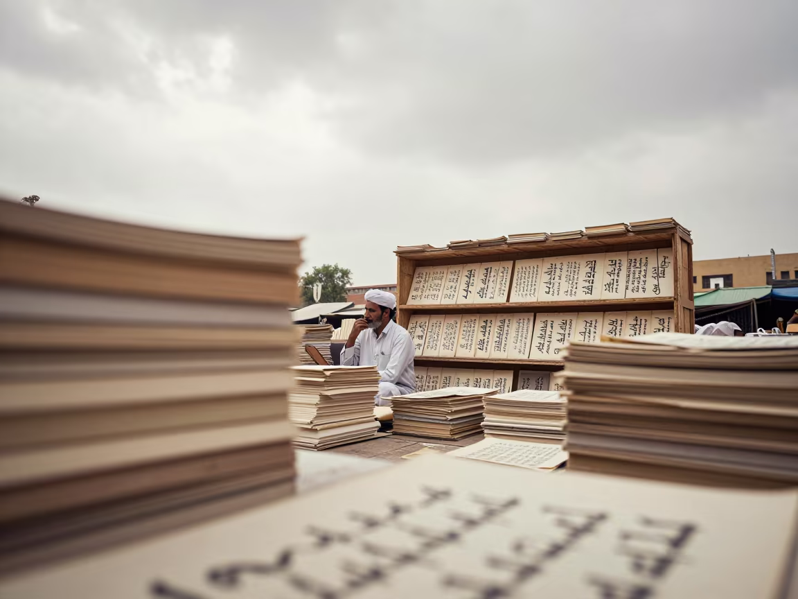Bookseller Beneath Stacked Calligraphy Scrolls in Nawabshah in at a public square in Nawabshah