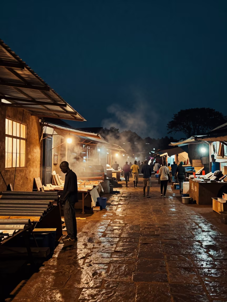 Bookseller Under Awnings in Kitale Night Market in in a flea market lane in Kitale