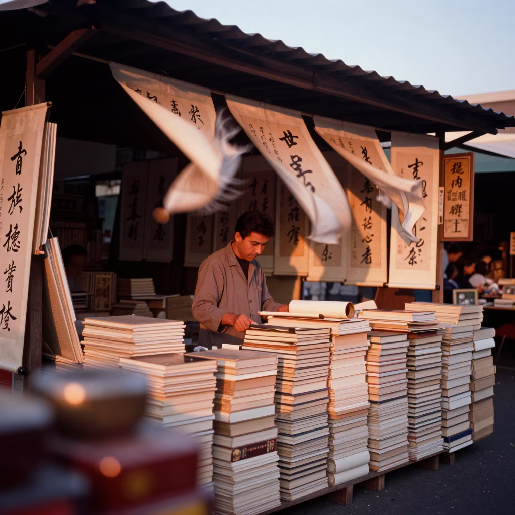 Bookseller Under Calligraphy Scrolls in Copper Light in in Adelaide