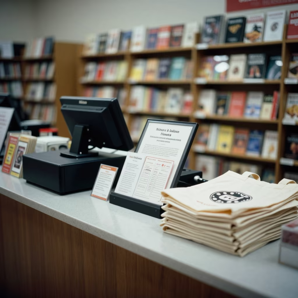 Bookstore Stockroom Checkout with Loyalty Cards in inside a stockroom behind the sales floor in Guadalajara