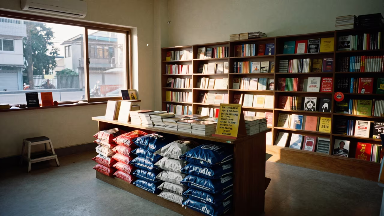 Bookstore Table Near Rishikesh with Evening Window Light in at a cash wrap counter with bags stacked nearby near Rishikesh