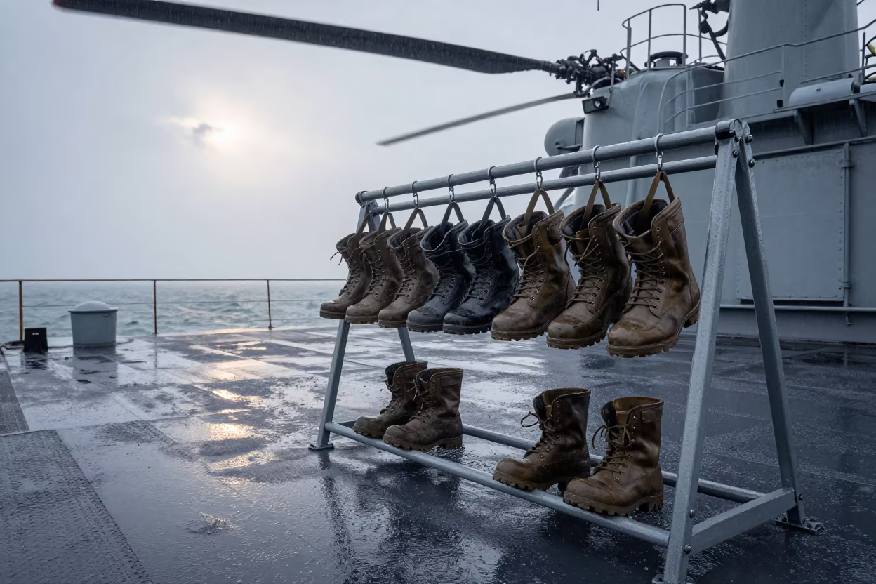 Boot Drying Rack on Naval Deck at Dawn in on a naval deck in rough wind in Hungary