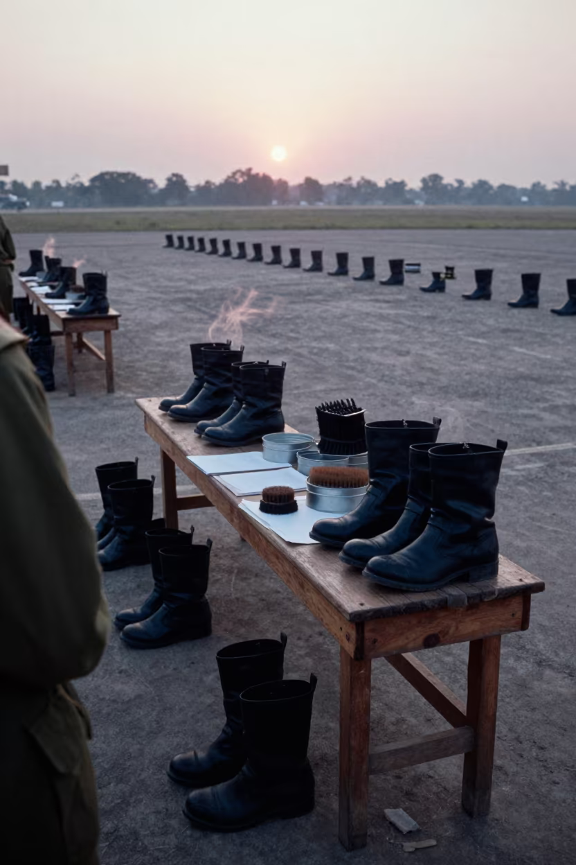 Boot Polish Bench at Dawn on Tanzanian Airbase in along an airbase flight line in Tanzania