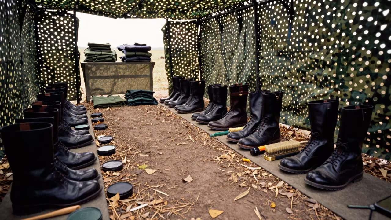 Boot Polish Bench in Inner Mongolia Camouflage Shelter in beneath a camouflage net shelter in Inner Mongolia