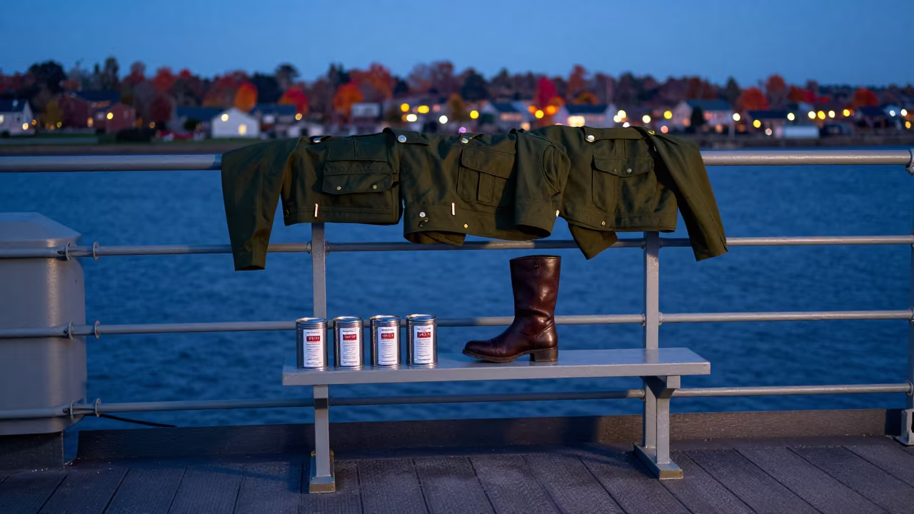 Boot Polish Bench on Naval Deck at Twilight in on a naval deck in rough wind in South Dakota