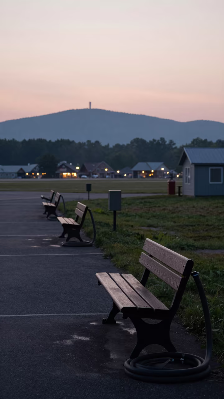 Boot Polish Bench Silhouetted Against Airbase Horizon in along an airbase flight line in Vermont