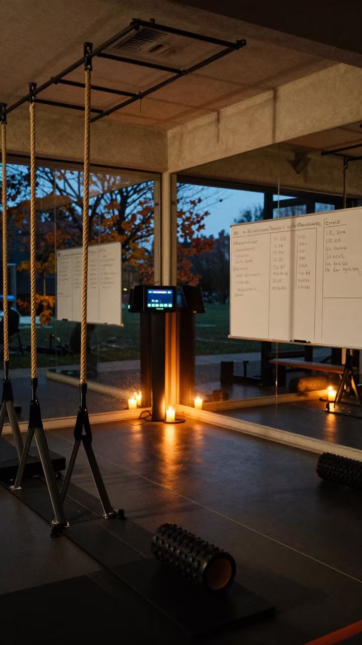 Bootcamp Timer Station Candlelight Twilight in inside a recovery lounge beside foam rollers in Franceville
