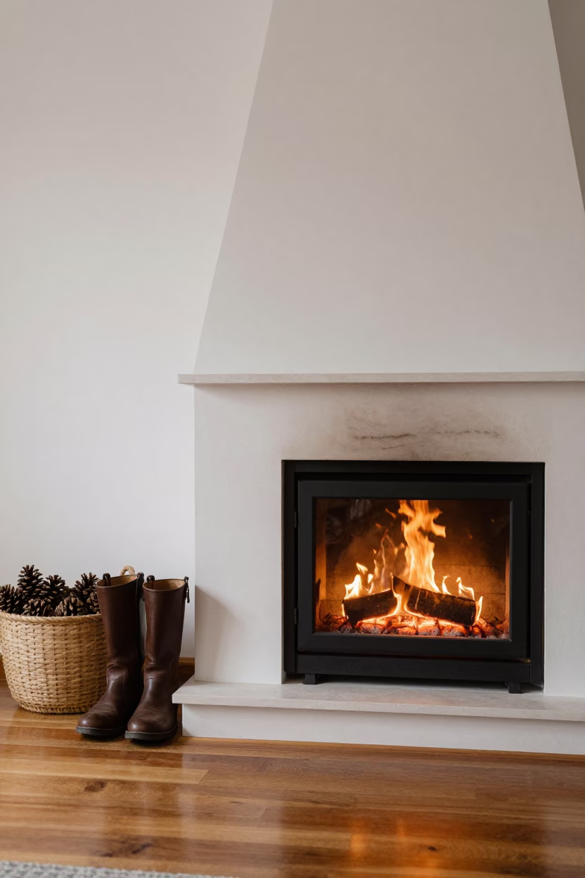 Boots Drying by Fireplace with Pinecone Basket in by a crackling fireplace in Rawalpindi