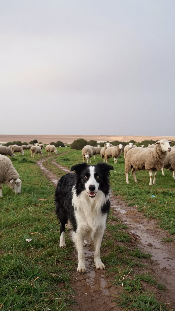 Border Collie Herding Sheep Midsummer in along a game trail near Port Said
