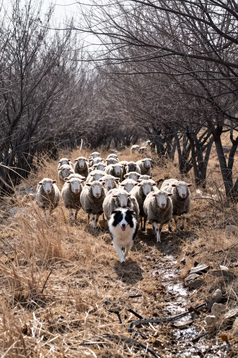 Border Collie Herding Sheep in North Korea in along a game trail in North Korea