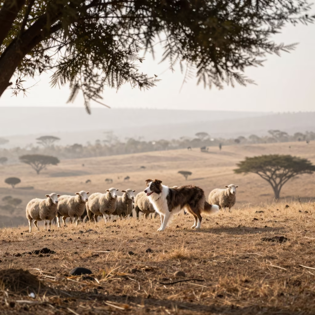 Border Collie Herding Sheep on Rift Valley Ridge in on a wind-scoured ridge in the Rift Valley