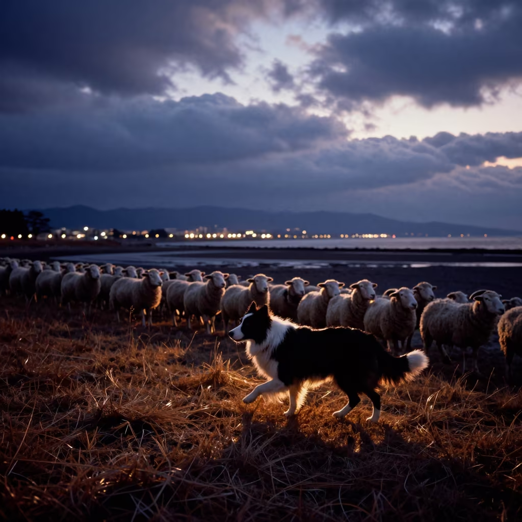 Border Collie Herding Sheep at Tidal Inlet in beside a tidal inlet in Chugoku