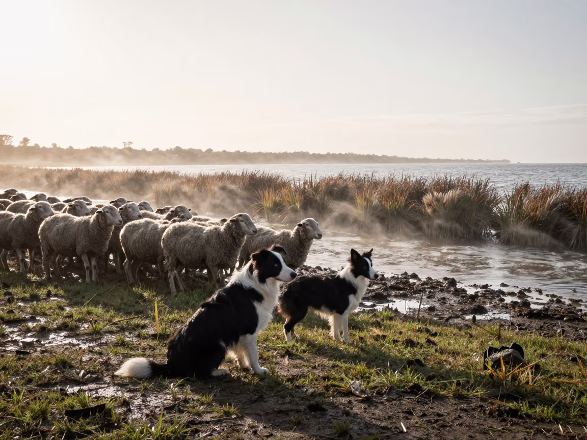 Border Collie Herding Sheep at Venezuelan Tidal Inlet in beside a tidal inlet in Venezuela