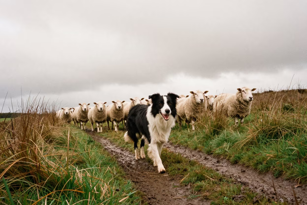 Border Collie Herding Sheep on Wet Game Trail in along a game trail near Saly