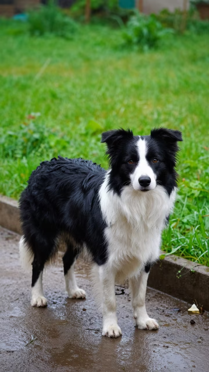 Border Collie in Gabela Garden Morning Light in near a garden edge with soft morning light and an uncluttered background in Gabela