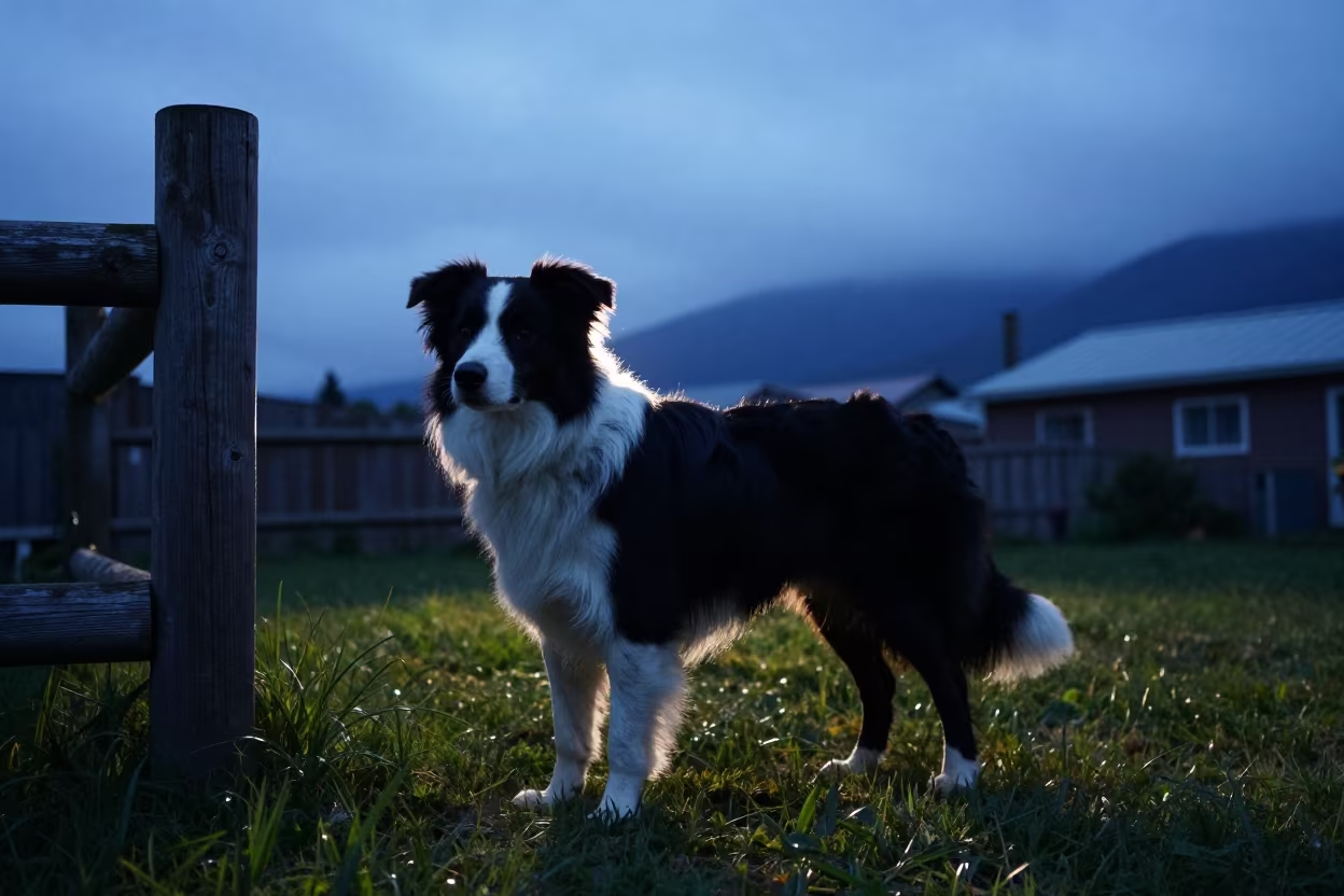 Border Collie in Juneau Yard Evening Light in in a small yard with clipped grass, calm light, and the animal centered in frame in Juneau