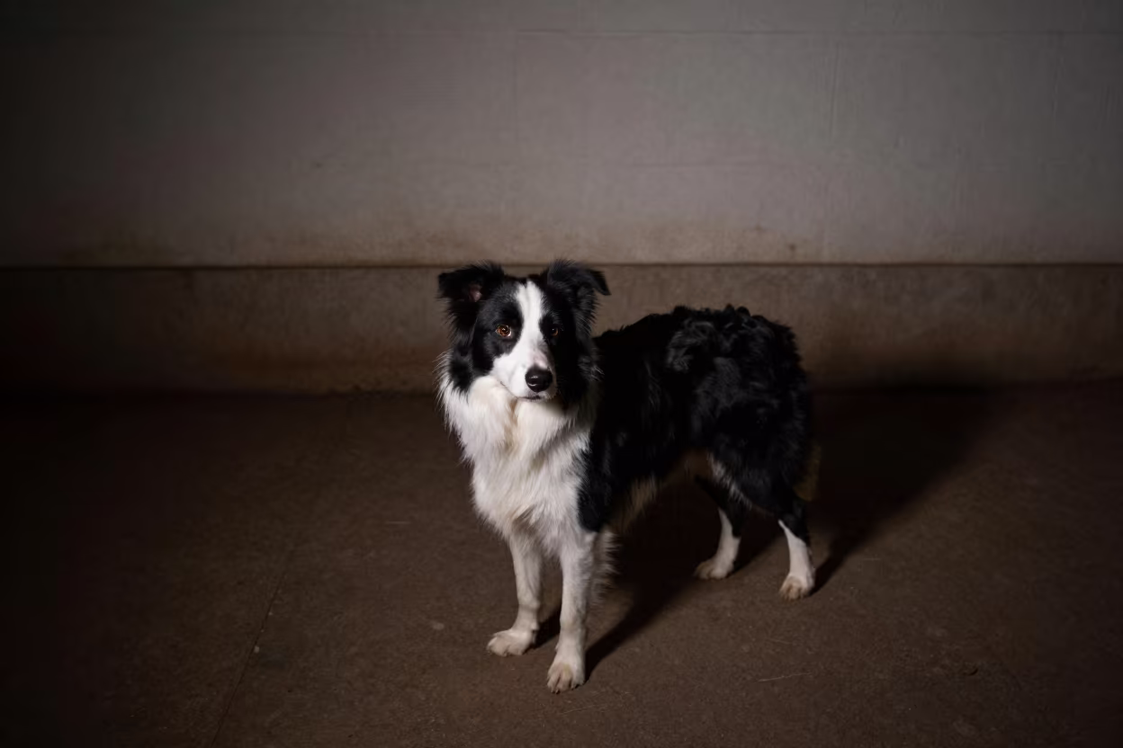 Border Collie in Luanda Night Shadow in beside a plain courtyard wall in clear daylight with the animal at eye level in Luanda