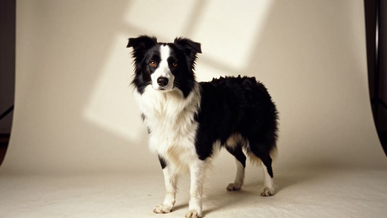 Border Collie Portrait in Kingston Studio Light in in a quiet portrait studio with a plain backdrop and eye-level framing in Kingston
