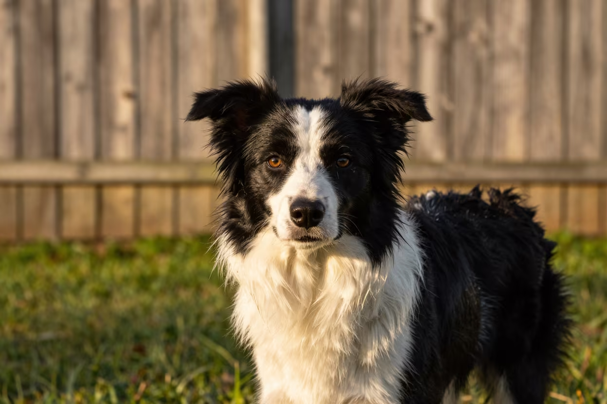 Border Collie Portrait in São Paulo Yard at Sunset in in a small yard with clipped grass, calm light, and the animal centered in frame in São Paulo