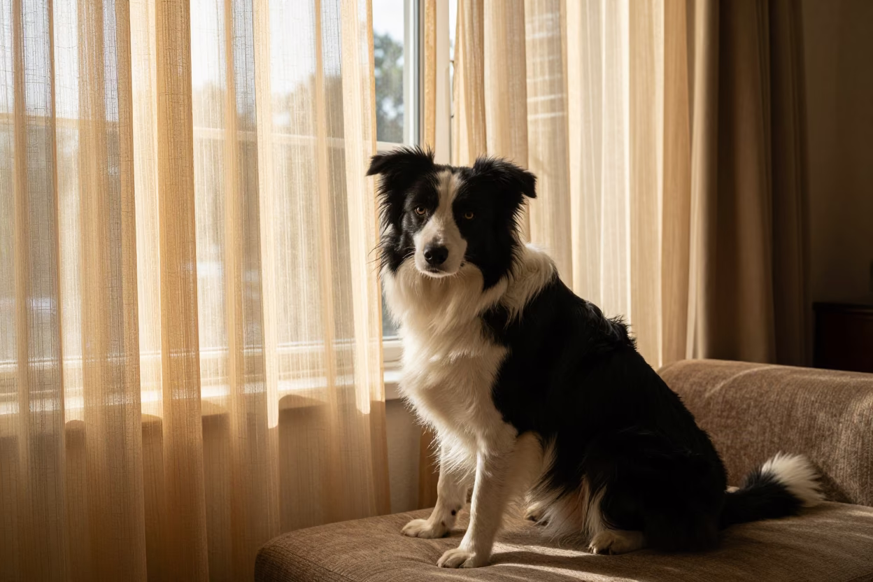 Border Collie Portrait Near Curtained Window in on a sofa near a curtained window with calm indoor light in Bailundo