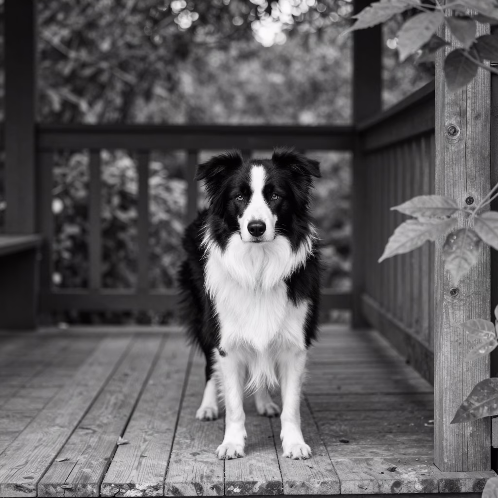 Border Collie Portrait on Shaded Barinas Porch in on a shaded front porch with boards, railings, and eye-level framing in Barinas