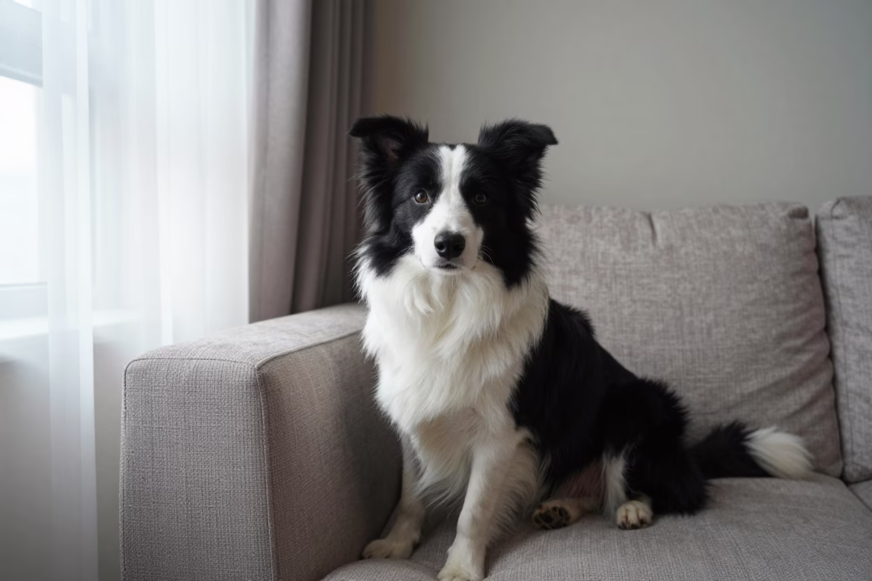 Border Collie Portrait on Sofa Near Curtain in on a sofa near a curtained window with calm indoor light near Zhangjiajie