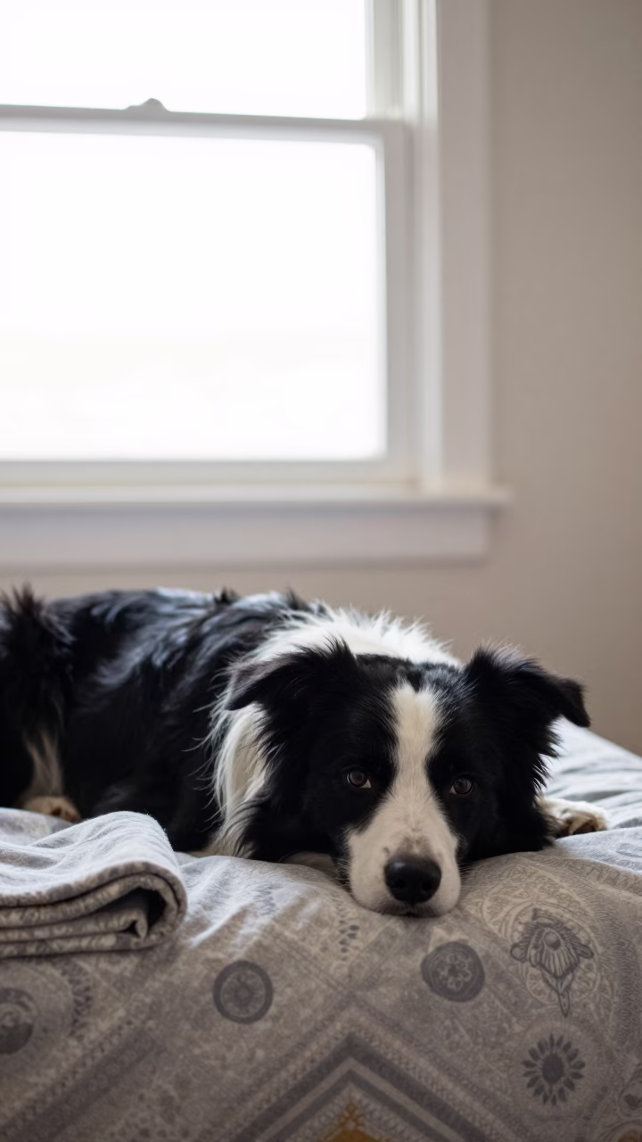 Border Collie Resting on Bedspread Near Window in on a bedspread near a bright window with calm indoor light in Managua