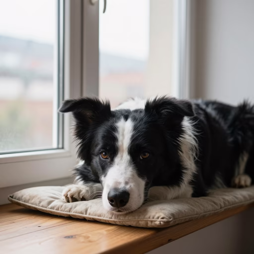 Border Collie Resting on Window Seat in Bilbao in on a window seat in a quiet apartment with soft side light in Bilbao