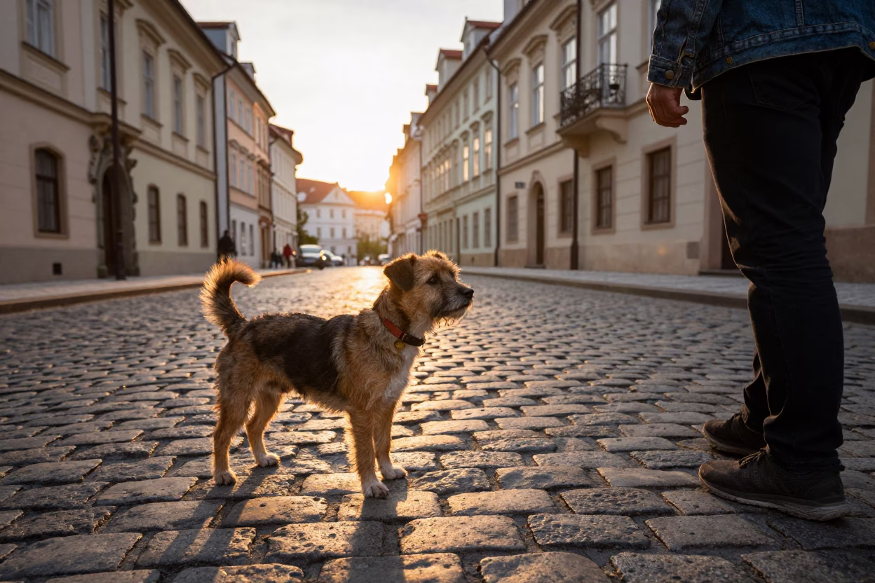Border Terrier on Cobblestone Street in Prague at Sunset with Local Pedestrians in in Prague, Czech Republic