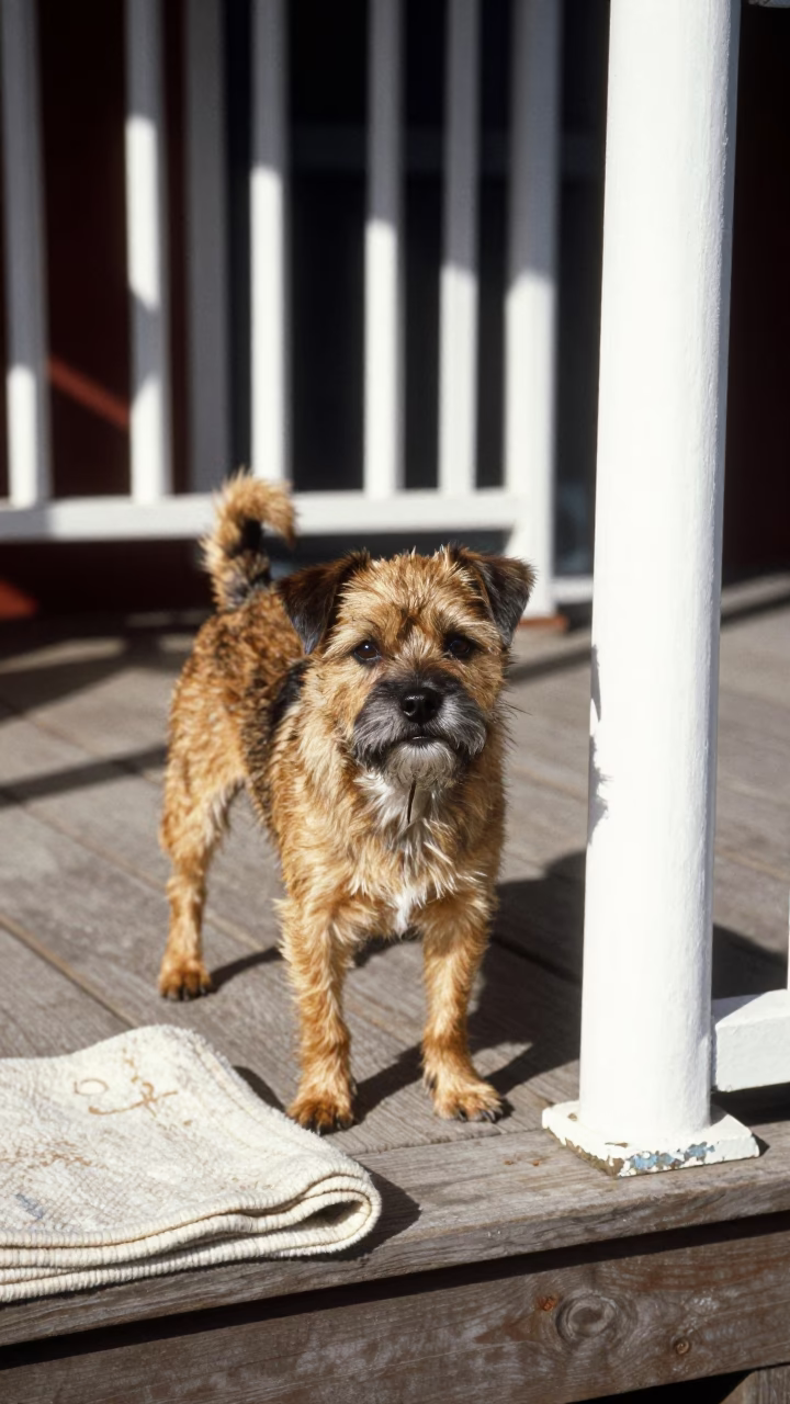 Border Terrier on Shaded Chlef Porch in Summer in on a shaded front porch with boards, railings, and eye-level framing near Chlef