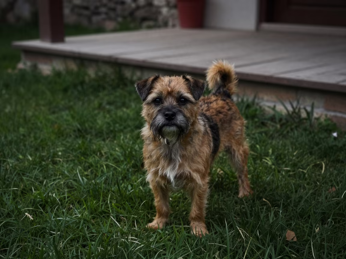 Border Terrier on Shaded Izmir Porch Before Dawn in in a small yard with clipped grass, calm light, and the animal centered in frame near Izmir
