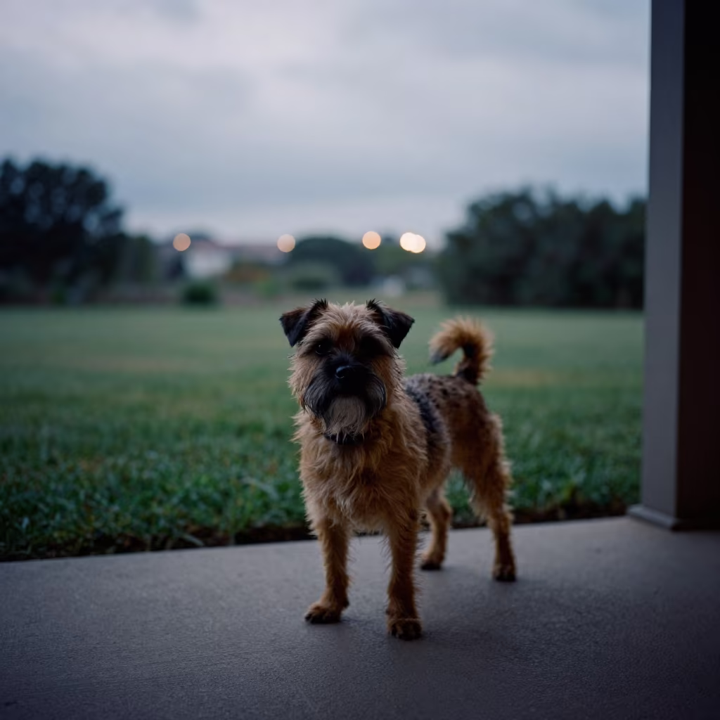 Border Terrier on Shaded Porch Rim Light in in a small yard with clipped grass, calm light, and the animal centered in frame near Salamiyah