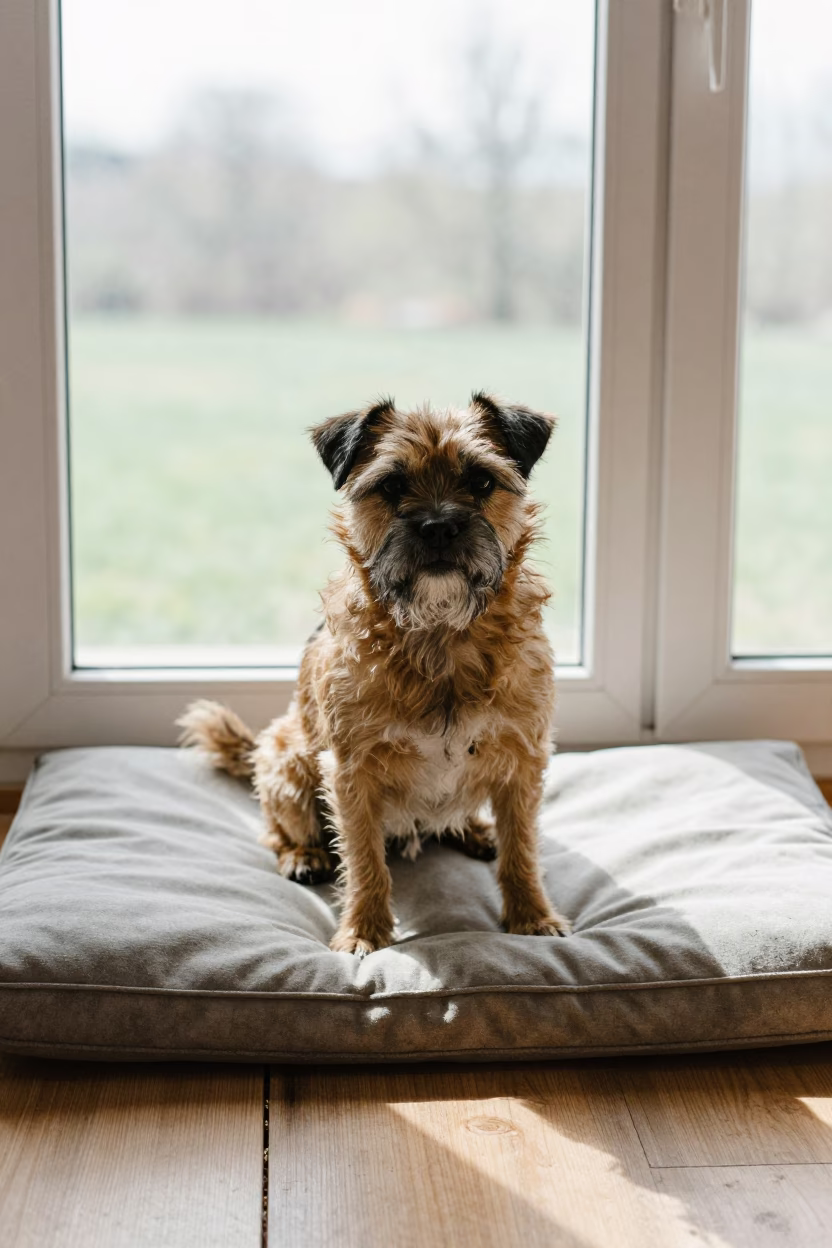 Border Terrier on Window Seat Near Akhisar in on a cushioned window seat with soft side light and an uncluttered background near Akhisar