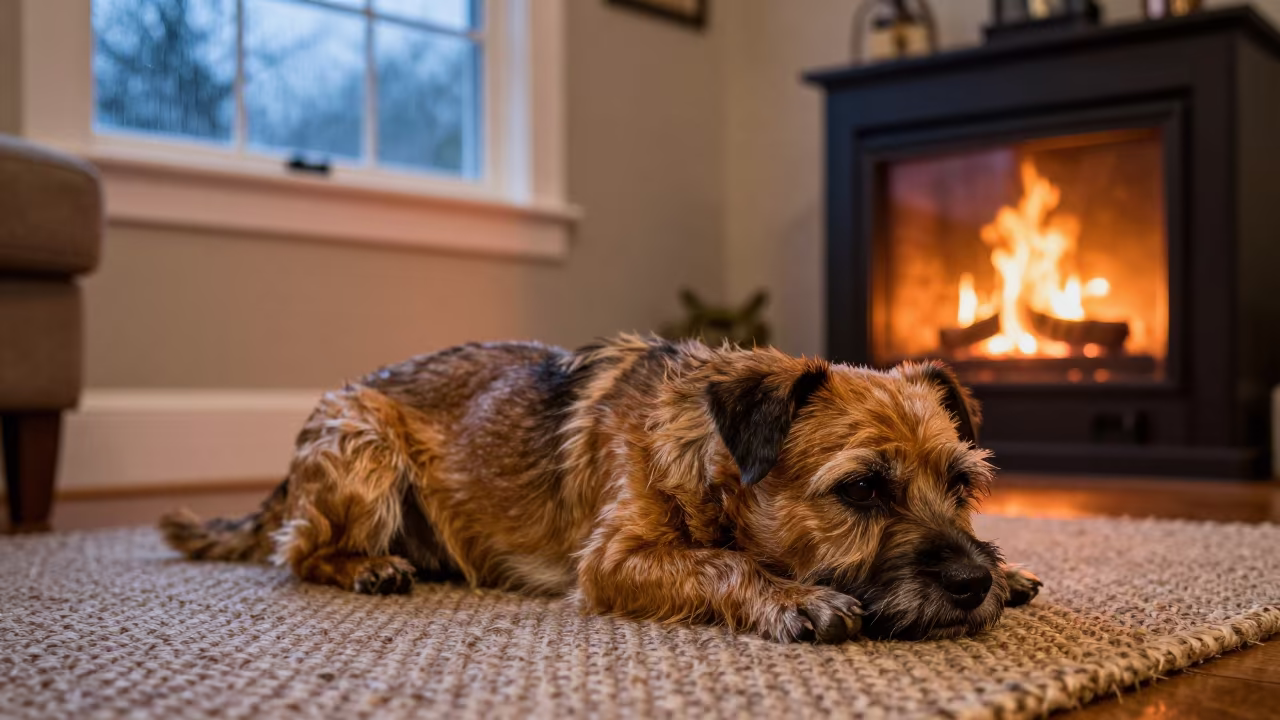 Border Terrier on Woven Rug in Tabora Home in on a woven rug beside a low couch and an uncluttered wall in Tabora